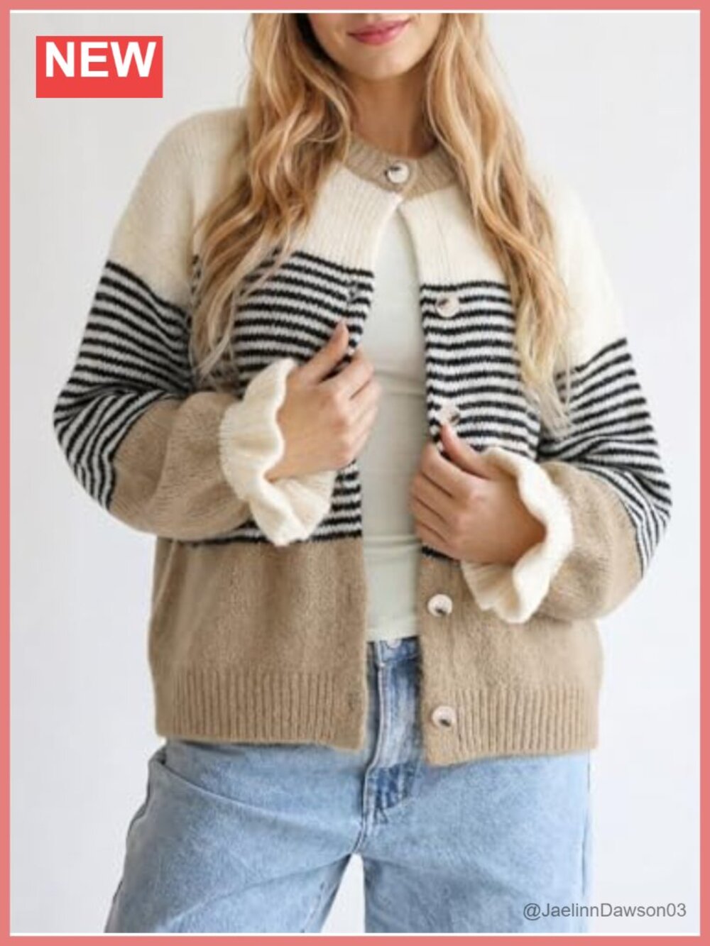 Striped Color Block Ruffle Sleeve Button Up Cardigan Sweater - Picture 4 of 6
